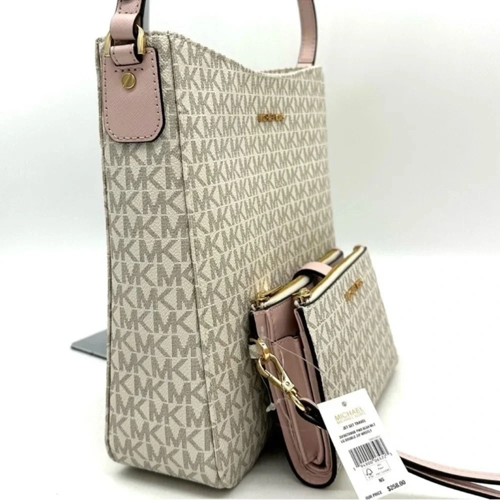 Michael Kors Large Messenger Bag & Large Double Zip Wallet Vanilla/Powder Blush